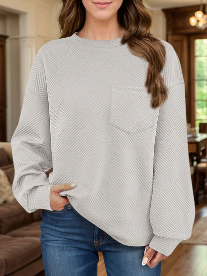 Jacquard long sleeved round neck chest pocket sweatshirt