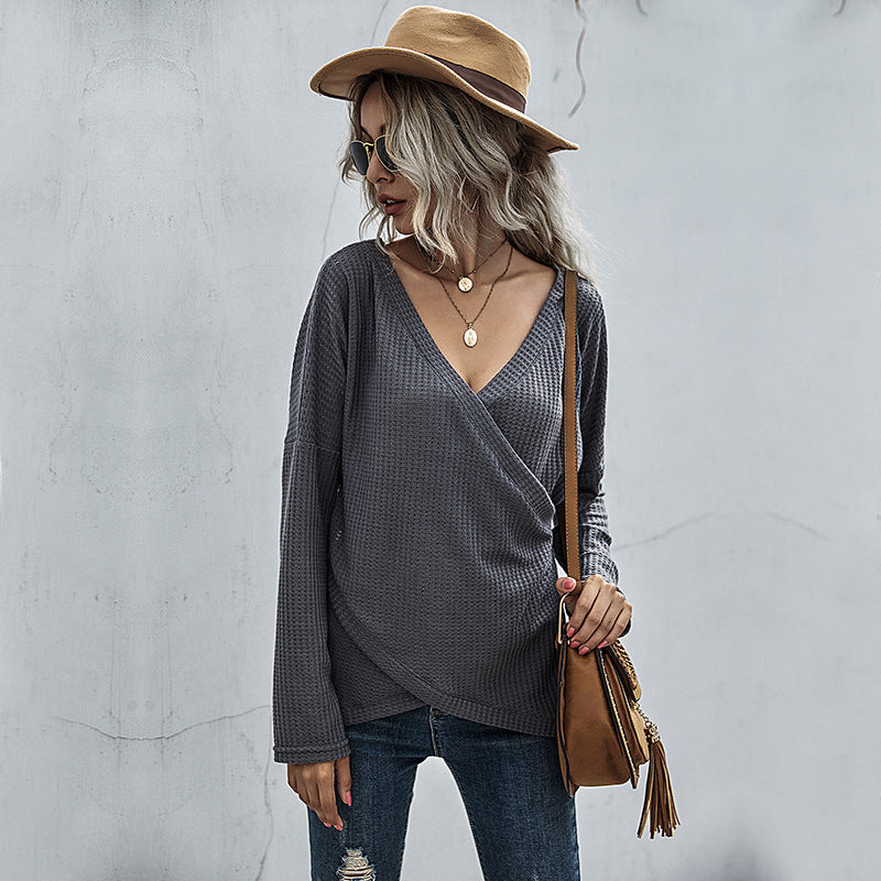 Waffle-Knit Surplice Long Sleeve Top