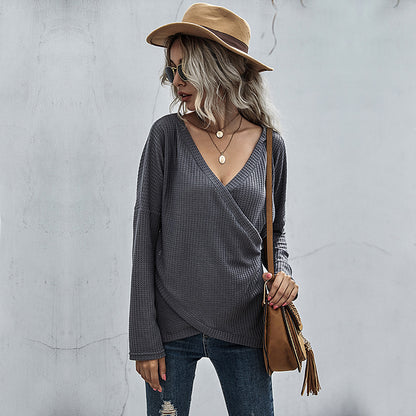 Waffle-Knit Surplice Long Sleeve Top
