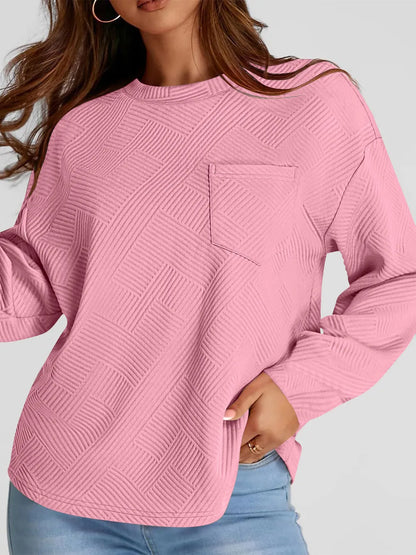 Jacquard long sleeved round neck chest pocket sweatshirt