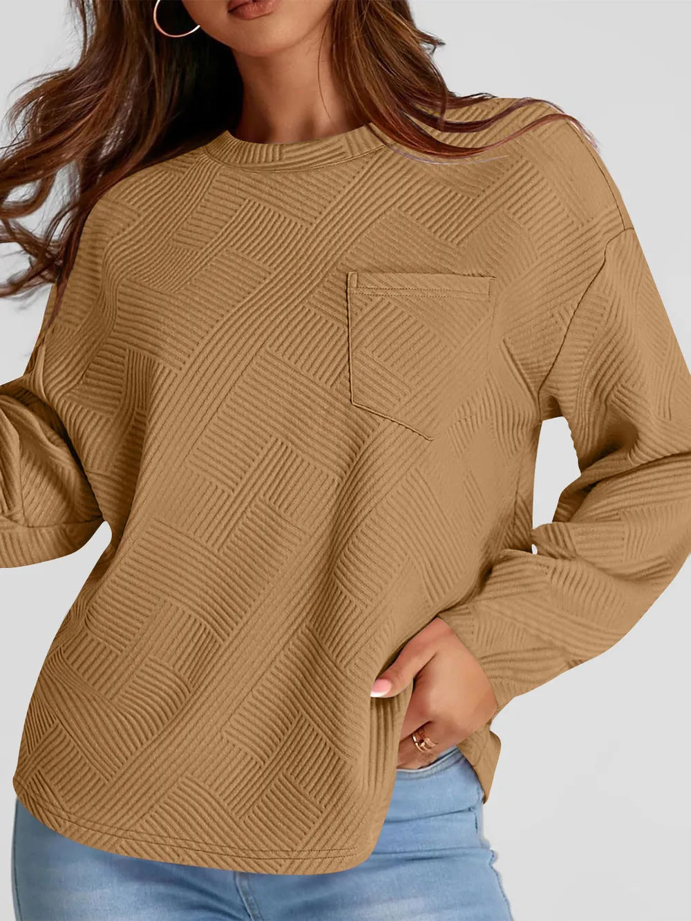 Jacquard long sleeved round neck chest pocket sweatshirt