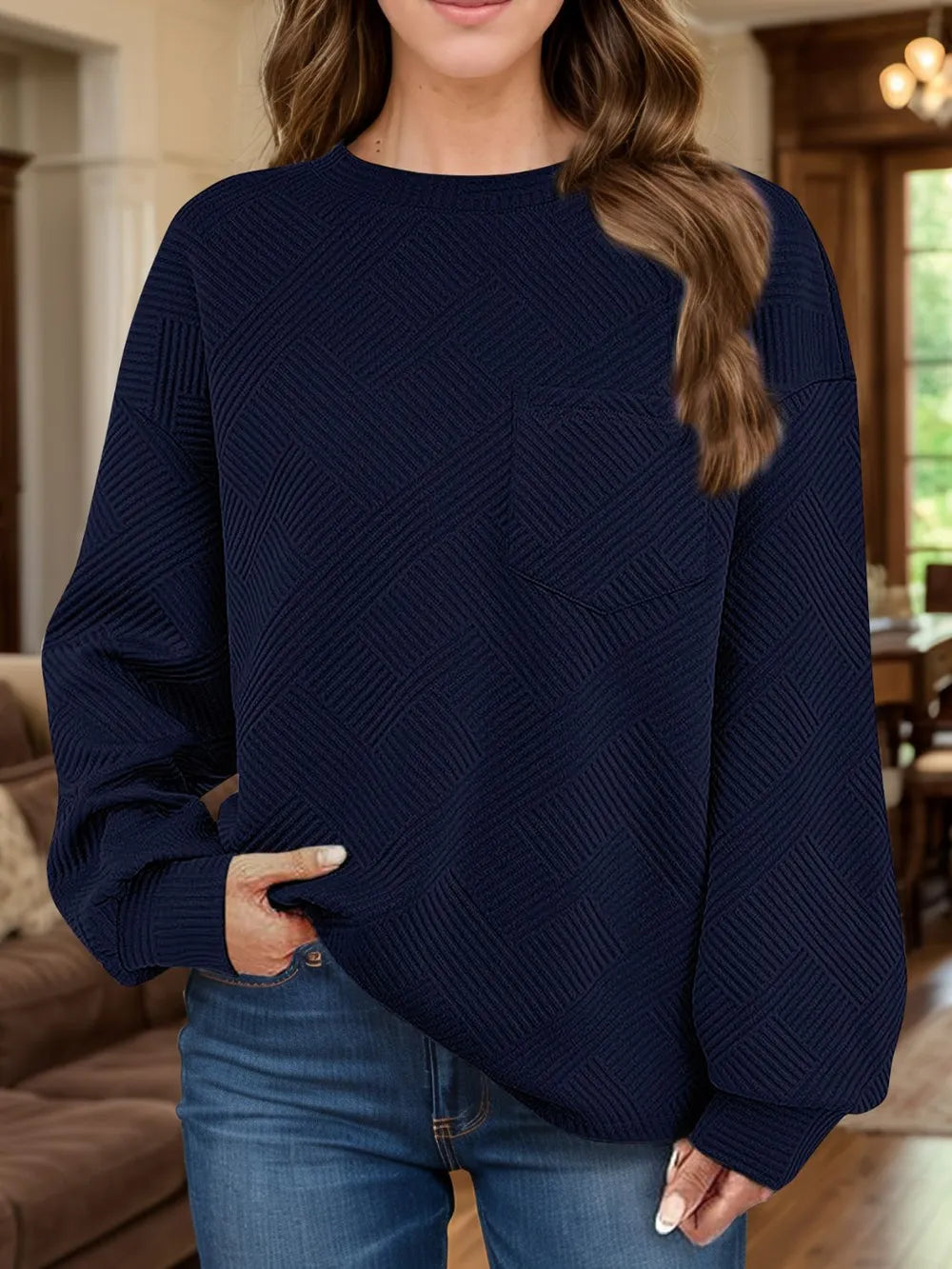 Jacquard long sleeved round neck chest pocket sweatshirt