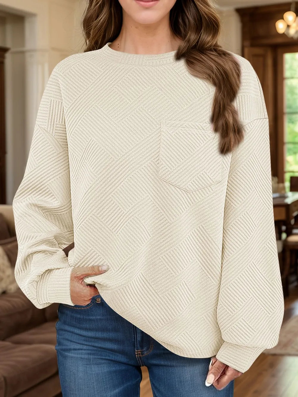Jacquard long sleeved round neck chest pocket sweatshirt