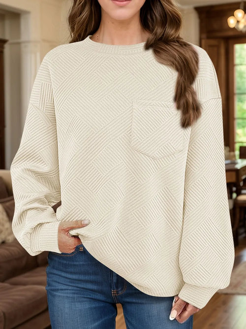 Jacquard long sleeved round neck chest pocket sweatshirt