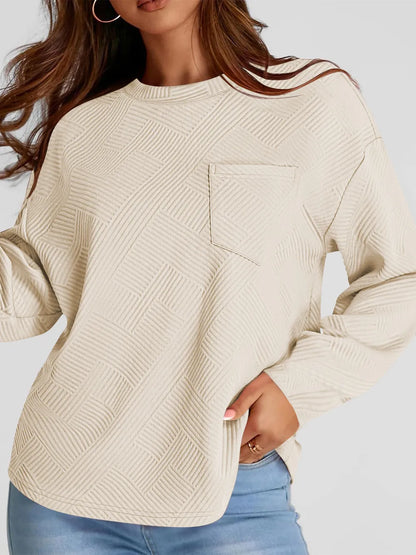 Jacquard long sleeved round neck chest pocket sweatshirt