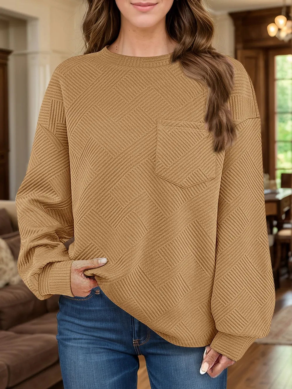 Jacquard long sleeved round neck chest pocket sweatshirt