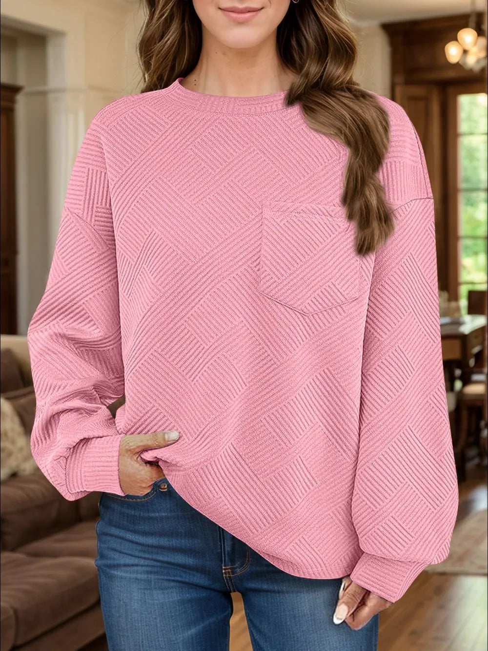 Jacquard long sleeved round neck chest pocket sweatshirt